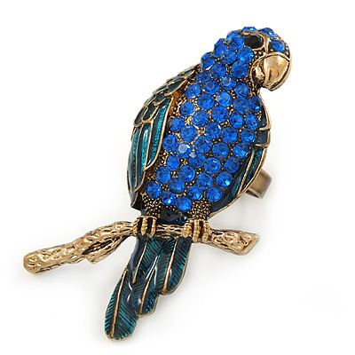 Large Sapphire Blue Crystal, Teal Enamel Parrot Bird Ring In Antique Gold Metal - 60mm L - 7/8 Size Adjustable - main view