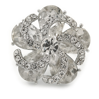 Clear Crystal and Glass Stone Flower Ring In Rhodium Plated Metal - 30mm D - 7/8 Size Adjustable - main view