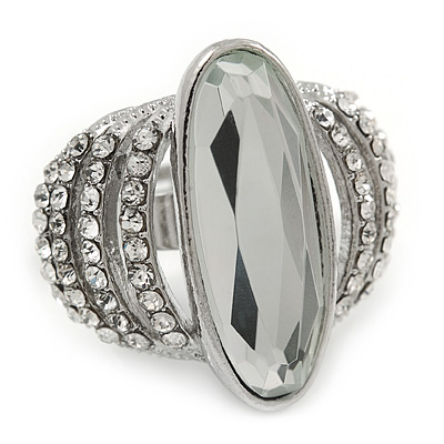 Statement Crystal Dome Cocktail Ring In Rhodium Plated Metal - 7/8 Size Adjustable - main view