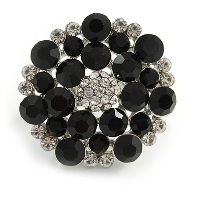 Silver Tone Black/ Clear Diamante Cocktail Ring (Adjustable Size 7/8) - main view