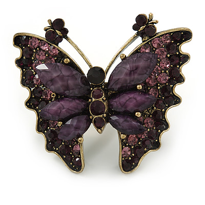 Large Crystal, Acrylic Bead Butterfly Ring In Antique Gold Tone Metal (Purple) - 55mm - Size 8 - main view