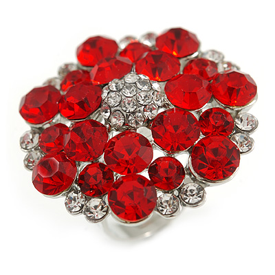 Silver Tone Red/ Clear Diamante Cocktail Ring (Adjustable Size 7/8) - main view
