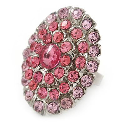 Pink Crystal Dome Oval Ring In Silver Tone Metal - 35mm L - Size 7 - main view