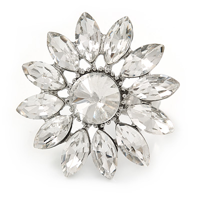 Clear Crystal Flower Ring In Silver Tone Metal - 33mm - Size 7 - main view