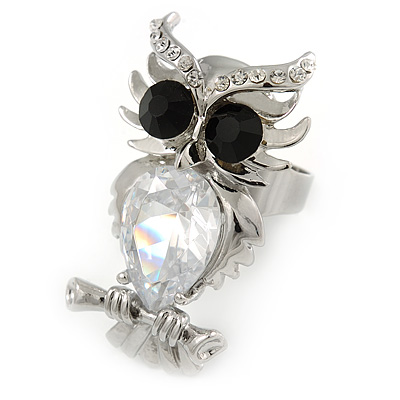 Clear/ Black Crystal Owl Ring In Rhodium Plated Metal - 40mm - Size 7