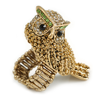 Vintage Inspired Chunky Textured Crystal Owl Ring In Aged Gold Tone - 50mm Across - Size 8/9  Adjustable