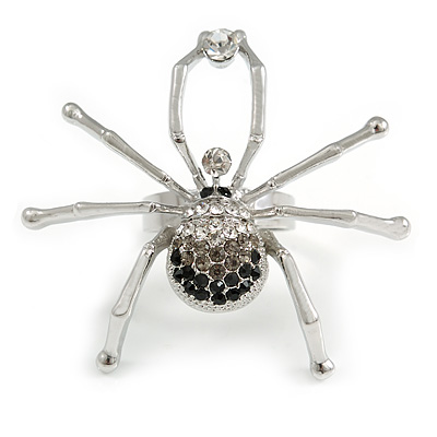 Striking Clear/ Grey/ Black Crystal Spider Ring In Silver Tone - 45mm Across - 7/8 Size Adjustable - main view
