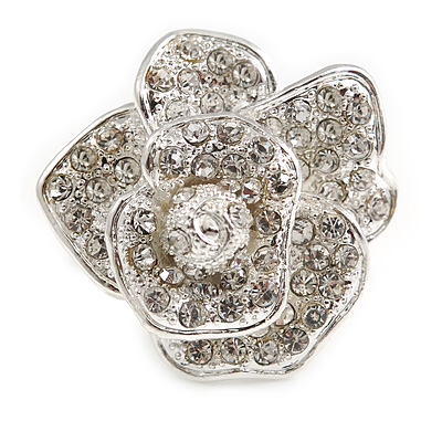 Clear Crystal Rose Flower Ring In Silver Tone - 30mm D - 7/8 Size Adjustable