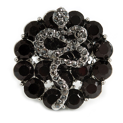 Crystal Snake On Black Flower Ring In Silver Tone Finish - 7/8 Size Adjustable - 35mm D - main view