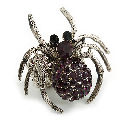 Stunning Deep Purple Crystal Spider Stretch Cocktail Ring in Aged Silver Tone Metal - 45mm Across - 7/8 Size Adjustable - main view