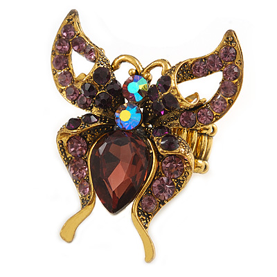Statement Purple Crystal Butterfly Ring In Aged Gold Tone - 50mm Across - 7/8 Size Adjustable - main view