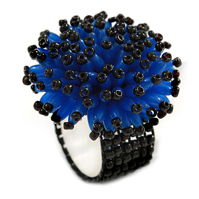 Blue/ Black Glass/ Acrylic Bead Flower Flex Ring - 35mm Diameter - main view