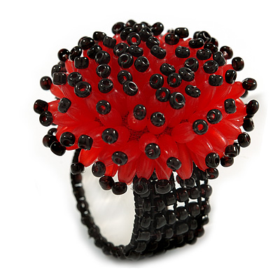 Red/ Black Glass/ Acrylic Bead Flower Flex Ring - 35mm Diameter