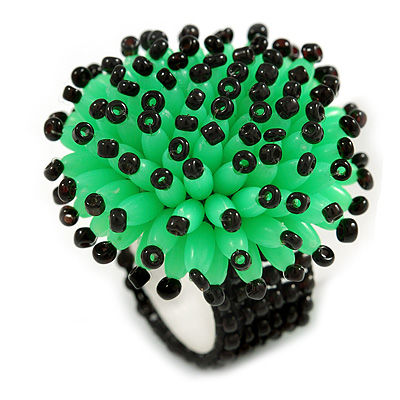 Bright Green/ Black Glass/ Acrylic Bead Flower Flex Ring - 35mm Diameter - main view