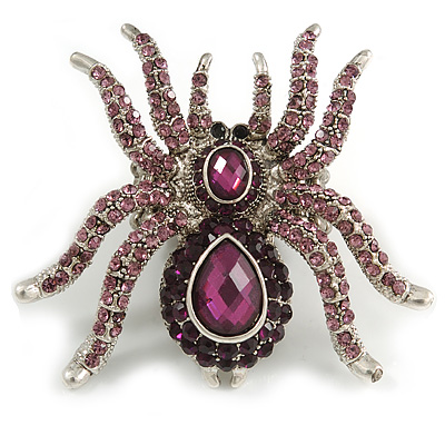 Oversized Purplt Crystal Spider Stretch Cocktail Ring In Silver Tone Metal - Size 7/8 - main view