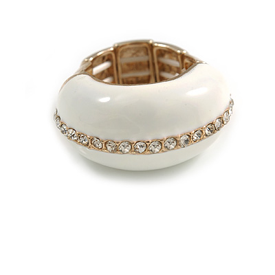 White Enamel Dome Shaped Stretch Cocktail Ring In Gold Plating - 2cm Length - Size 7/8 - main view