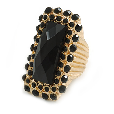 Square Black Acrylic Bead, Diamante Flex Cocktail Ring In Gold Plating - 35mm Across - Size 7/9 - main view