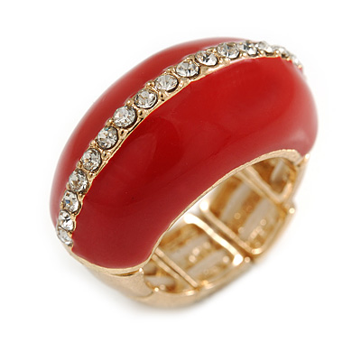 Red Enamel Dome Shaped Stretch Cocktail Ring In Gold Plating - 2cm Length - Size 7/8 - main view
