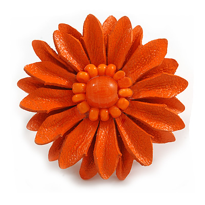 Bright Orange Leather Daisy Flower Ring - 40mm D - Adjustable - main view