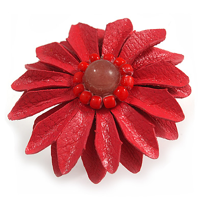 Red Leather Daisy Flower Ring - 40mm D - Adjustable - main view