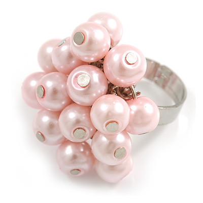 Pale Pink Faux Pearl Bead Cluster Ring in Silver Tone Metal - Adjustable 7/8 - main view