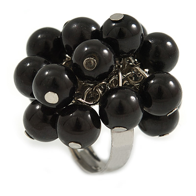 Black Faux Pearl Bead Cluster Ring in Silver Tone Metal - Adjustable 7/8 - main view
