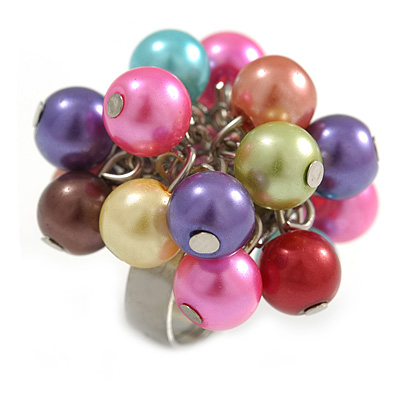 Multicoloured Faux Pearl Bead Cluster Ring in Silver Tone Metal - Adjustable 7/8