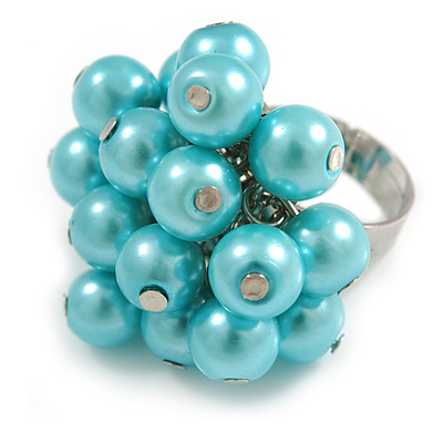 Light Blue Faux Pearl Bead Cluster Ring in Silver Tone Metal - Adjustable 7/8 - main view