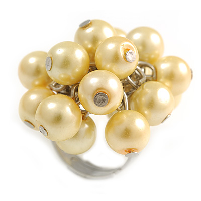 Pale Yellow Faux Pearl Bead Cluster Ring in Silver Tone Metal - Adjustable 7/8 - main view