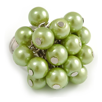 Pea Green Faux Pearl Bead Cluster Ring in Silver Tone Metal - Adjustable 7/8 - main view