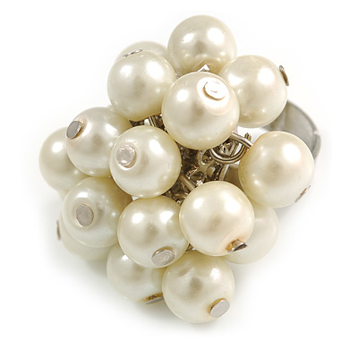 Light Cream Faux Pearl Bead Cluster Ring in Silver Tone Metal - Adjustable 7/8 - main view