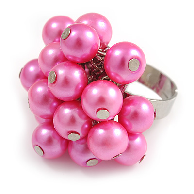 Pink Faux Pearl Bead Cluster Ring in Silver Tone Metal - Adjustable 7/8