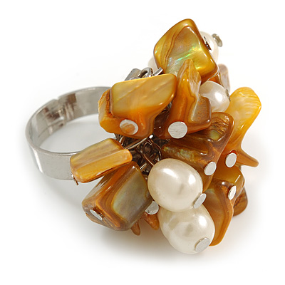 Antique Yellow Sea Shell Nugget and Cream Faux Freshwater Pearl Cluster Silver Tone Ring - 7/8 Size - Adjustable - main view