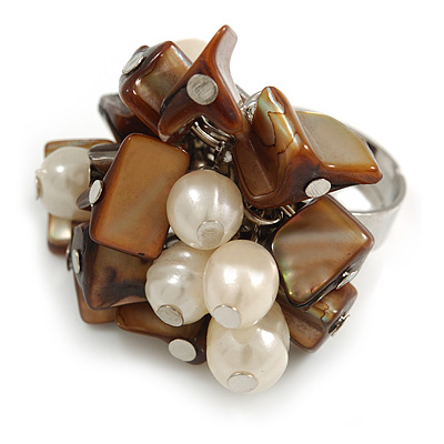Brown Sea Shell Nugget and Cream Faux Freshwater Pearl Cluster Silver Tone Ring - 7/8 Size - Adjustable
