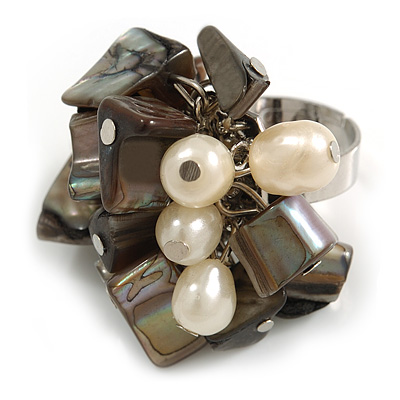 Dark Grey Sea Shell Nugget and Cream Faux Freshwater Pearl Cluster Silver Tone Ring - 7/8 Size - Adjustable - main view