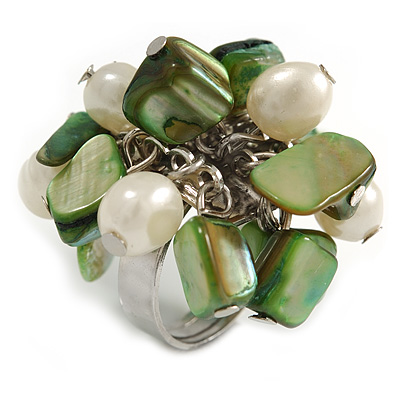 Green Sea Shell Nugget and Cream Faux Freshwater Pearl Cluster Silver Tone Ring - 7/8 Size - Adjustable - main view