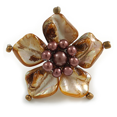 Brown Shell and Faux Pearl Flower Rings (Silver Tone) - 50mm Diameter - Size 7/8 Adjustable - main view