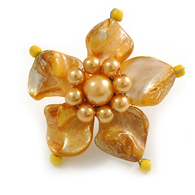 Antique Yellow Shell and Faux Pearl Flower Rings (Silver Tone) - 50mm Diameter - Size 7/8 Adjustable - main view