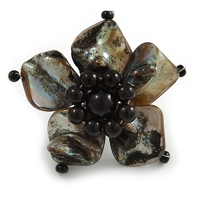 Black Shell and Faux Pearl Flower Rings (Silver Tone) - 50mm Diameter - Size 7/8 Adjustable - main view