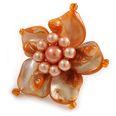 Orange Shell and Peach Faux Pearl Flower Rings (Silver Tone) - 50mm Diameter - Size 7/8 Adjustable
