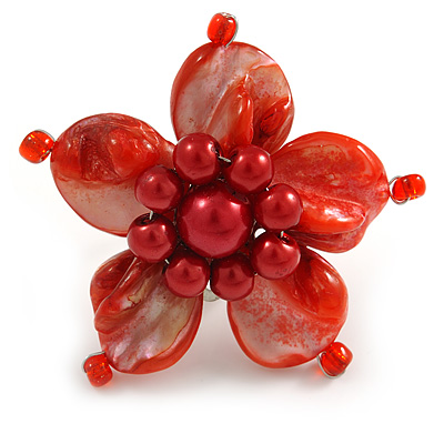 Red Shell and Faux Pearl Flower Rings (Silver Tone) - 50mm Diameter - Size 7/8 Adjustable - main view