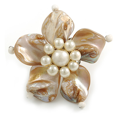 Antique White Shell and Cream Faux Pearl Flower Rings (Silver Tone) - 50mm Diameter - Size 7/8 Adjustable - main view