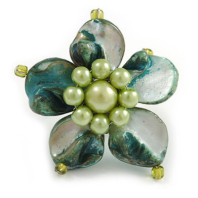 Green Shell and Light Green Faux Pearl Flower Rings (Silver Tone) - 50mm Diameter - Size 7/8 Adjustable - main view