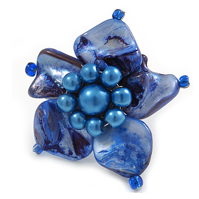 Blue Shell and Faux Pearl Flower Rings (Silver Tone) - 50mm Diameter - Size 7/8 Adjustable - main view