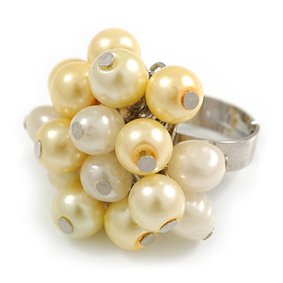 Pale Yellow/ Cream Faux Pearl Bead Cluster Ring in Silver Tone Metal - Adjustable 7/8 - main view
