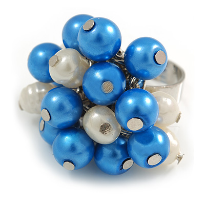Blue/ Cream Faux Pearl Bead Cluster Ring in Silver Tone Metal - Adjustable 7/8 - main view