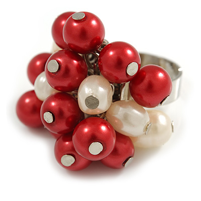 Red/ Cream Faux Pearl Bead Cluster Ring in Silver Tone Metal - Adjustable 7/8 - main view
