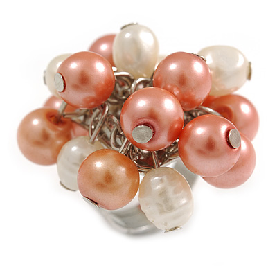 Peach Orange/ Cream Faux Pearl Bead Cluster Ring in Silver Tone Metal - Adjustable 7/8 - main view