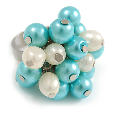 Light Blue/ Cream Faux Pearl Bead Cluster Ring in Silver Tone Metal - Adjustable 7/8 - main view