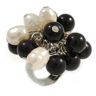 Black/ Cream Faux Pearl Bead Cluster Ring in Silver Tone Metal - Adjustable 7/8 - main view